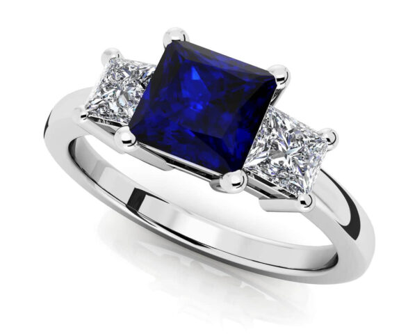 3 Stone Princess Diamond And Gem Ring In Yellow White Gold Or Platinum