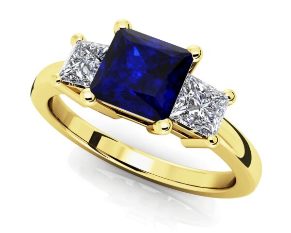 3 Stone Princess Diamond And Gem Ring In Yellow White Gold Or Platinum - Image 2