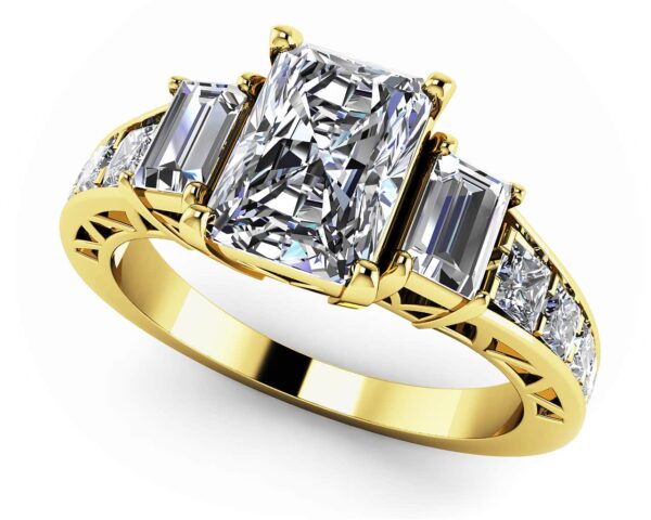 Three Stone Emerald And Princess Engagement Ring In Yellow White Gold Or Platinum - Image 2