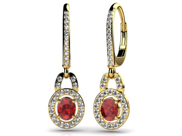 Diamond And Oval Gemstone Drop Earrings In Yellow White Gold Or Platinum - Image 2