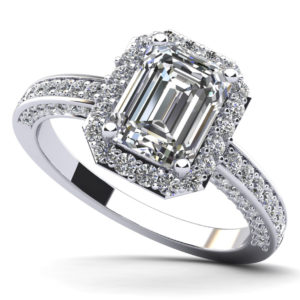 Emerald Cut Halo Diamond Engagement Ring In Platinum Or Gold