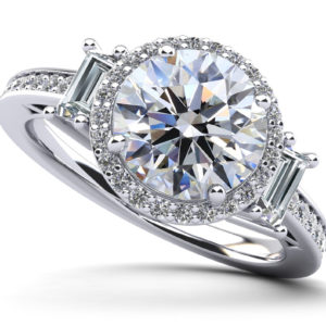 Three Stone Halo with Side Stones Engagement Ring In Platinum Or Gold