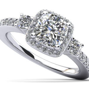 Cushion Cut Halo Diamond Engagement Ring with Side Stones In Platinum Or Gold