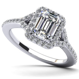 Emerald Cut Halo Diamond Engagement Ring with Split Shank In Platinum Or Gold
