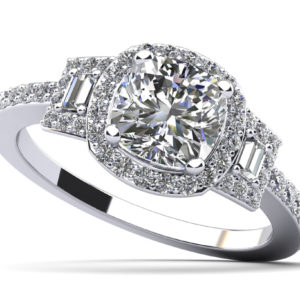 Cushion Cut and Baguettes Engagement Ring In Platinum Or Gold