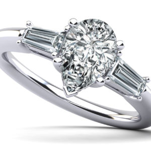 Pear and Baguette Three Stone Diamond Engagement Ring In Platinum Or Gold