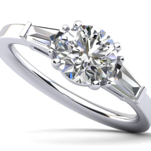 Three Stone Round And Baguette Engagement Ring In Platinum Or Gold