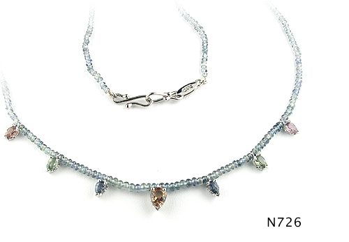 Seth & Reid Kaleidoscope: N726 Multi-color Champagne Sapphire Pear shapes on Grey-green Smooth Sapphire Beads / 14KW / PS 2.65 cts./ beads 35.00 cttw.