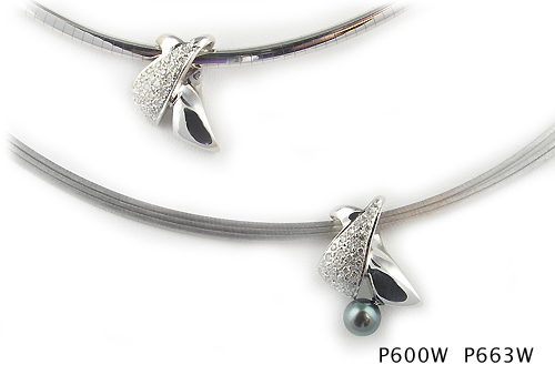 Seth & Reid Evening Out: P600W Pave Crossover Slide Pendant / .25 cttw Dia. / 14KW · P663W with 6.5mm Black Cultured Pearl / 14KW