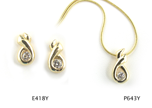Seth & Reid Sassy Classics: E418Y Crossover Stud Earring / .24 cttw Dia / 14KY P643Y Crossover Solitaire Pendant / .25 ct Dia. / 14KY