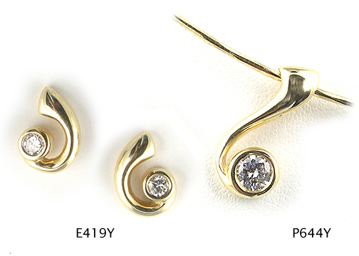 Seth & Reid Sassy Classics: E419Y Spiral Solitaire Stud Earring / .20 cttw Dia /14KY P644Y Spiral Drop Solitaire Pendant / .25 ct Dia. /14KY