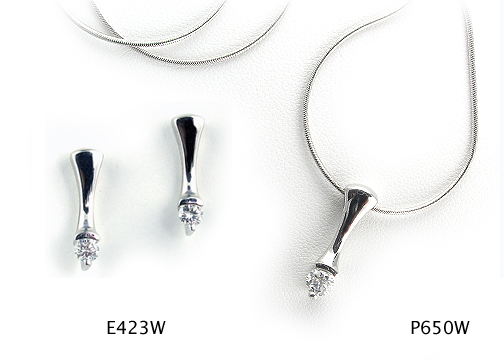 Seth & Reid Sassy Classics: E423W Flared Stem Drop Stud Earring / .24 cttw Dia / 14KW P650W Flared Stem Solitaire Pendant / .30 ct Dia. / 14KW