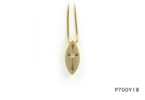 Seth & Reid Faith: P700Y18 Navette Cross on 18” box chain / .04 ct Dia. / 14KY