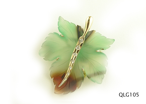 Seth & Reid Falling Leaves: QLG105 Pale Green and Rust Maple Leaf 2” x 1 ¾” .23cttw burnished diamonds 14kt yellow gold pin/pendant