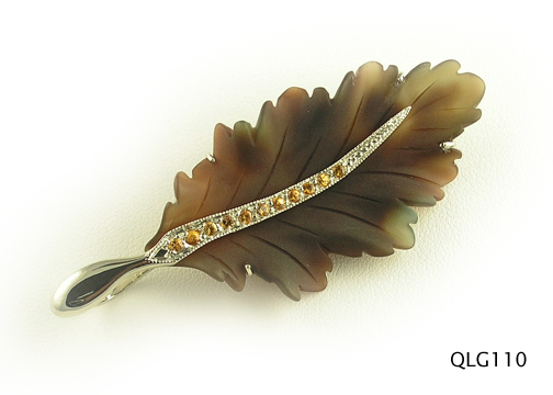 Seth & Reid Falling Leaves: QLG110 Brown Soft Holly 2 5/8” x 1” Pave stem with .36cttw golden yellow sapphires 14kt white gold pin/pendant