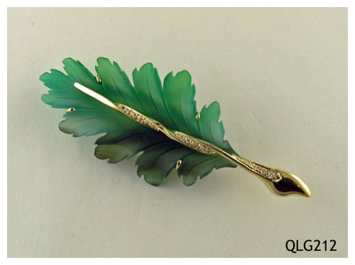 Seth & Reid Falling Leaves: QLG212 Green leaf with twisted Pave stem with diamonds, .12cttw 3” x 1”, 14kt yellow gold