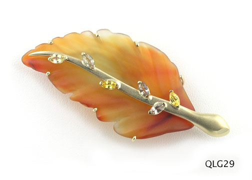 Seth & Reid Falling Leaves: QLG29 Orange birch leaf, 2 ½” x 1 1/8” 1.01cttw multi color, marquise, sapphires, 14kt yellow gold, matte finish