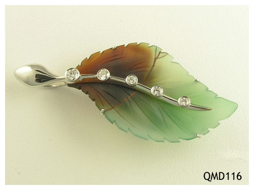 Seth & Reid Falling Leaves: QMD116 Birch Leaf Pin/Pendant with .57cttw bezel set diamonds, 2 5/8” x 1 3/16”, 14kt white gold