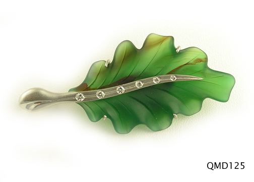 Seth & Reid Falling Leaves: QMD125 Deep Green Oak Leaf 2 ½” x 1 3/16” .18cttw burnished diamonds 14kt white gold pin