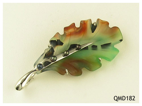 Seth & Reid Falling Leaves: QMD182 White Oak Leaf Pin/Pendant with 5 black pearls, 2 ½” x 1 1/8” , 14kt white gold
