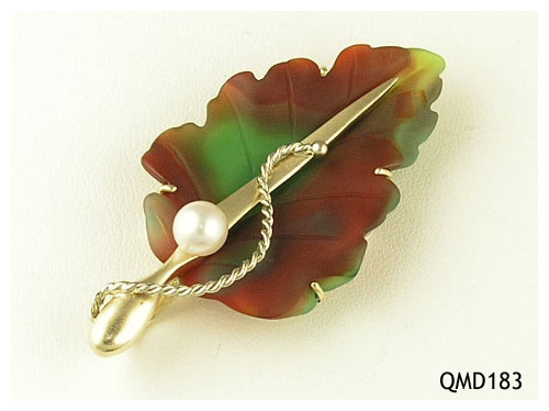 Seth & Reid Falling Leaves: QMD183 Multi Colored Leaf with Cultured Pearl Pin/Pendant, 2 ¼” x 1 ¼”, 14kt yellow gold