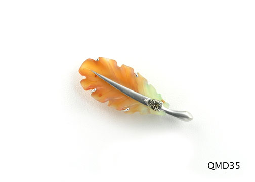 Seth & Reid Falling Leaves: QMD35 Pale orange to green oak leaf, 2” x ¾” .65ct pear shaped green sapphire, 14kt white gold