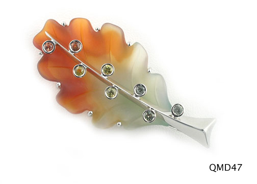 Seth & Reid Falling Leaves: QMD47 Orange to green oak leaf, 2 1/8” x 1” .64cttw Multi colored sapphire, bezel set, 14kt white gold