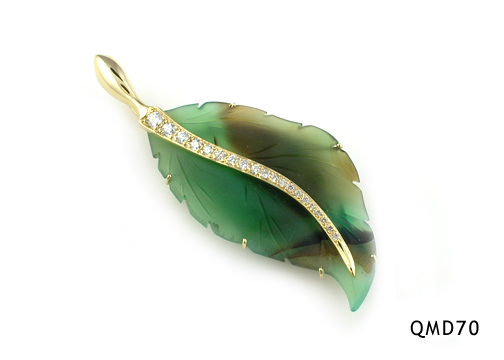Seth & Reid Falling Leaves: QMD70 Green and brown leaf, 2 ¾” x 1 1/8” .57cttw Diamonds, pave set, 14kt yellow gold
