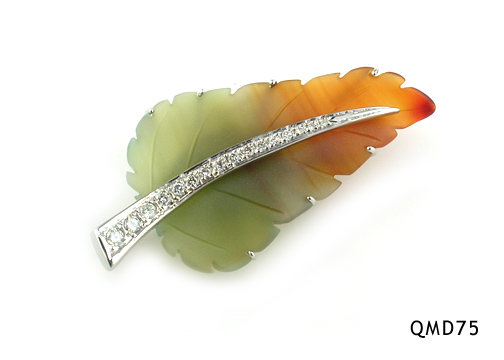 Seth & Reid Falling Leaves: QMD75 Pale green to orange birch leaf, 2 1/8” x 1 1/8” .45cttw diamonds, pave, 14kt white gold