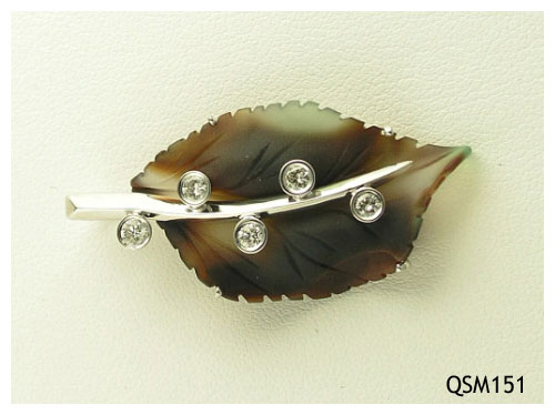 Seth & Reid Falling Leaves: QSM151 Dark brown Leaf Pendant with .32cttw bezel set diamonds, 1 5/8” x ¾”, 14kt white gold