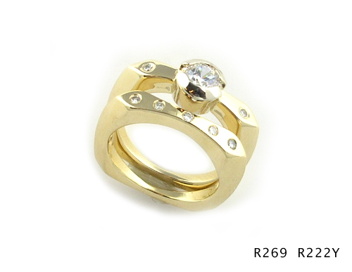 Seth & Reid Bridal: R269 Engagement Ring for .35 ct center / .03 cttw dia. accents/14KTT R222Y 5 Stone Tween Wedding Band / .07 cttw dia./14KY
