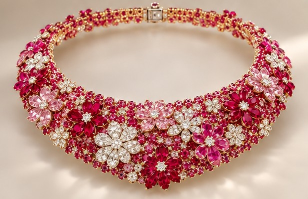 Seth & Reid Couture ruby and pink sapphire floral collar designed by Kathy