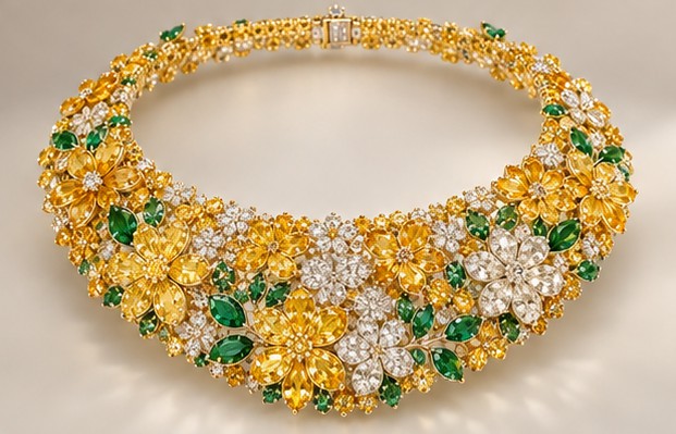 Seth & Reid Couture yellow sapphire and emerald floral collar designed by Kathy