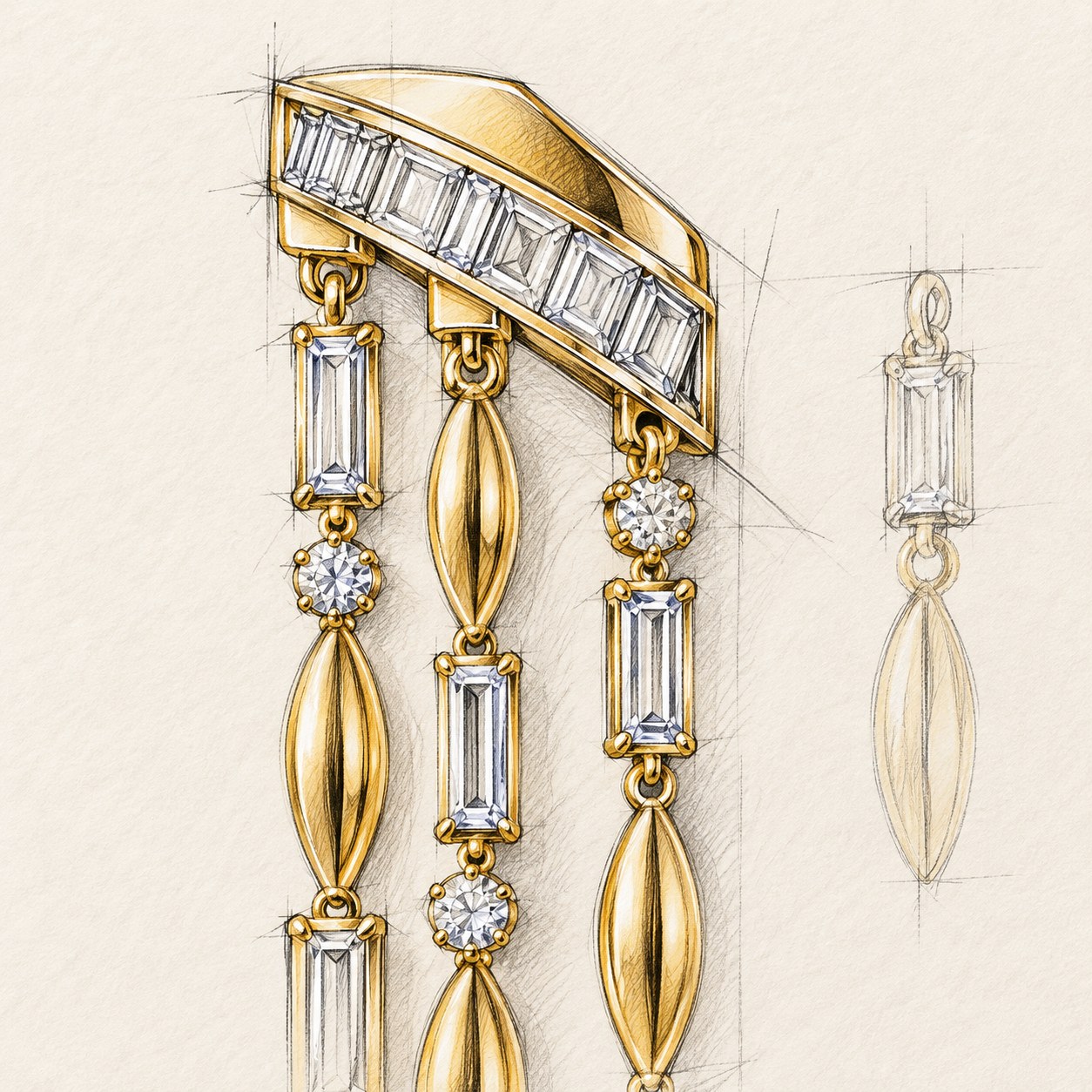 Hand-drawn design sketch of a fringe drop earring