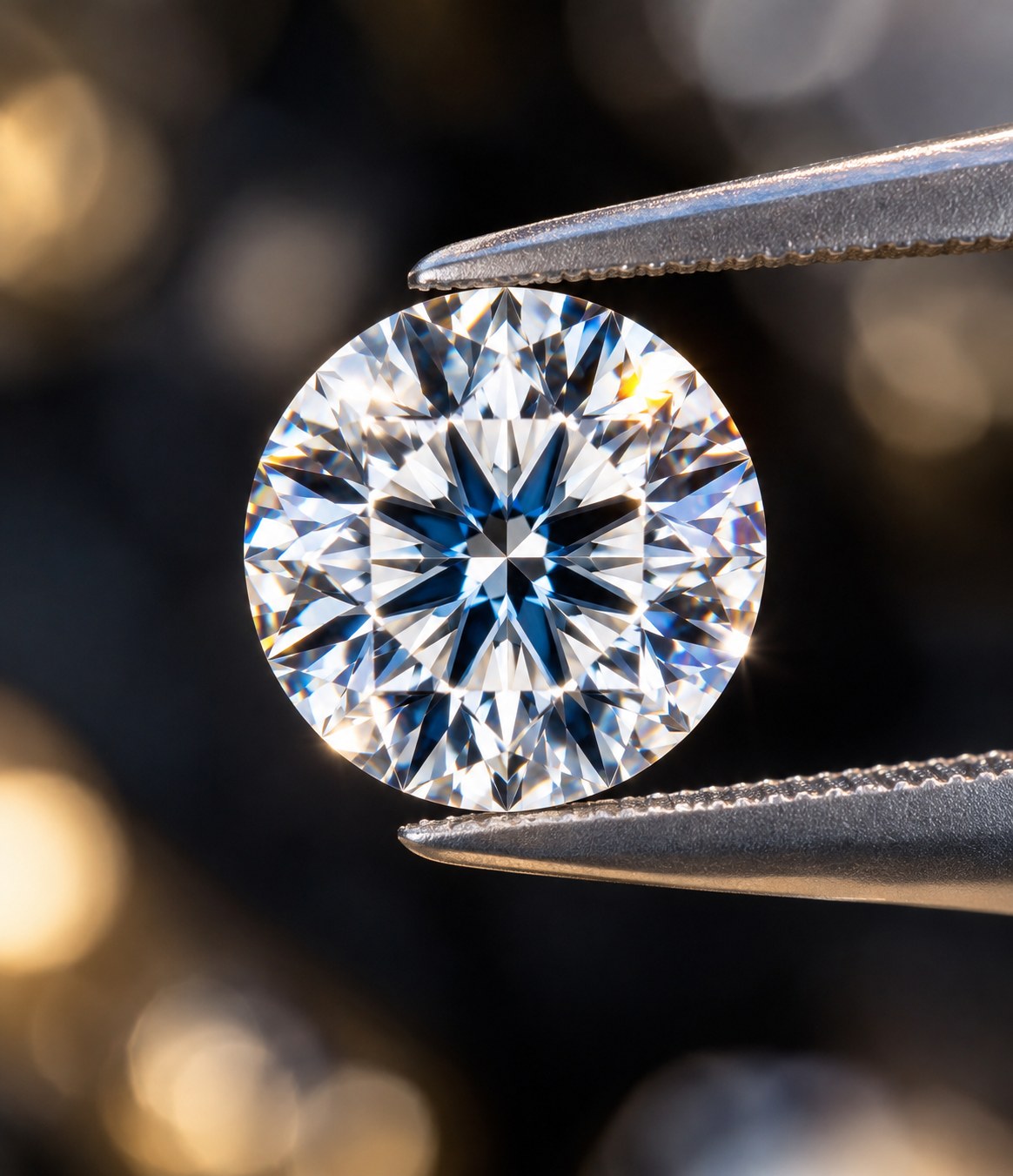 S.L. Bach Position Cut® round brilliant diamond held in tweezers
